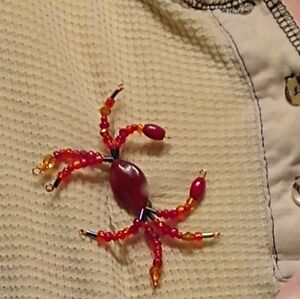 Hand Crafted Red And Amber Beaded Crab Pin